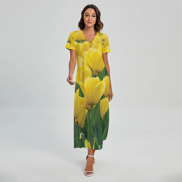 Yellow Tulip Print Short Sleeve Maxi Dress