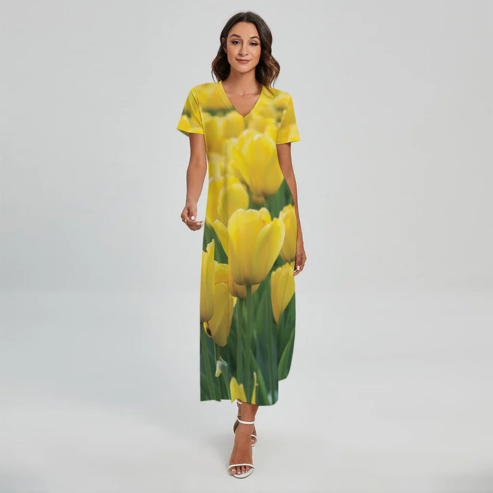 Yellow Tulip Print Short Sleeve Maxi Dress