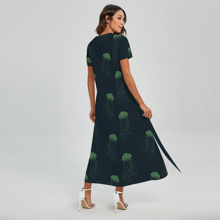 Zentangle Jellyfish Pattern Print Short Sleeve Maxi Dress