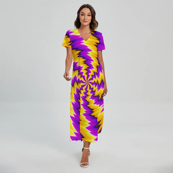 Yellow Vortex Moving Optical Illusion Short Sleeve Maxi Dress