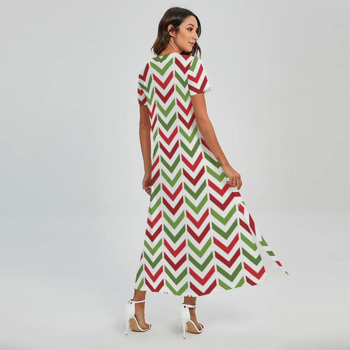 Zigzag Merry Christmas Pattern Print Short Sleeve Maxi Dress