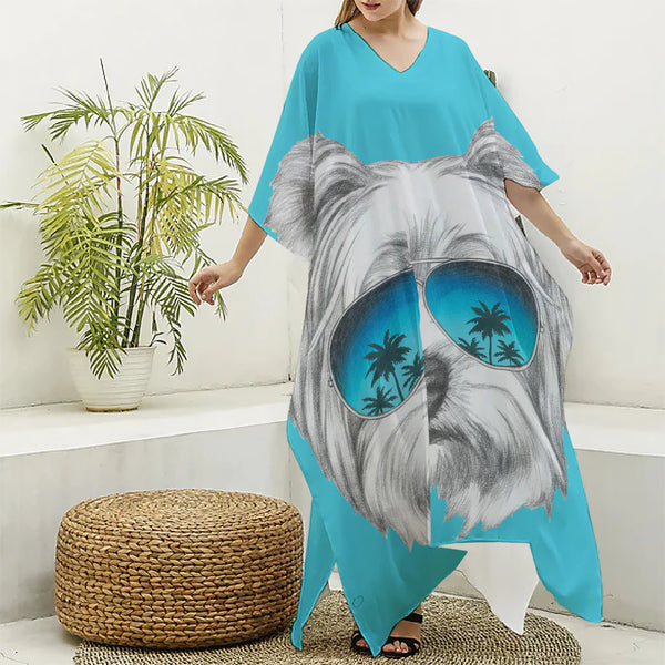 Yorkshire Terrier With Sunglasses Print Silk V-Neck Kaftan Dress