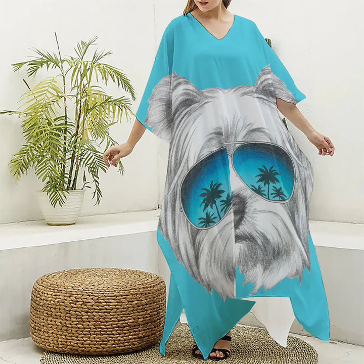 Yorkshire Terrier With Sunglasses Print Silk V-Neck Kaftan Dress