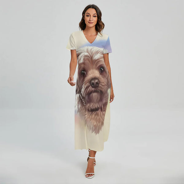 Yorkshire Terrier Portrait Print Short Sleeve Maxi Dress