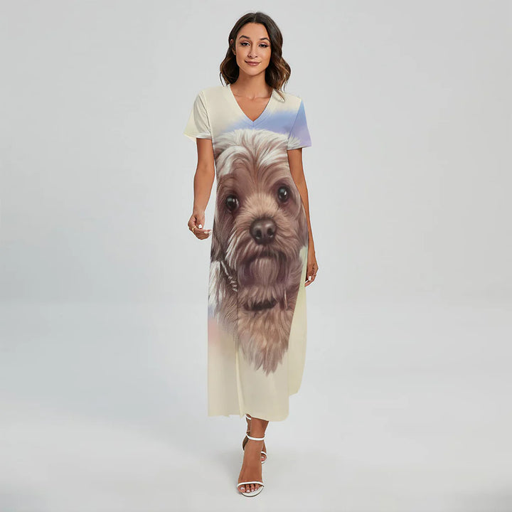 Yorkshire Terrier Portrait Print Short Sleeve Maxi Dress