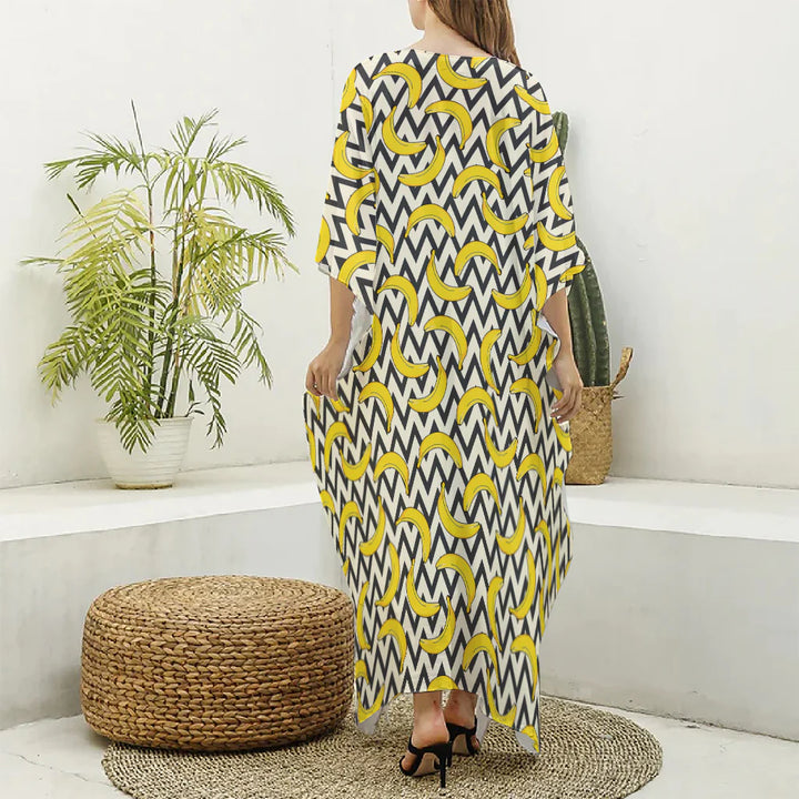 Zigzag Banana Pattern Print Silk V-Neck Kaftan Dress
