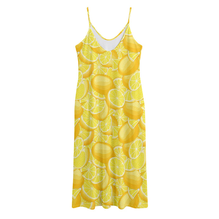 Yellow Lemon Pattern Print Jersey Midi Cami Dress