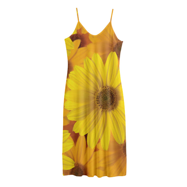 Yellow Daisy Flower Print Jersey Midi Cami Dress