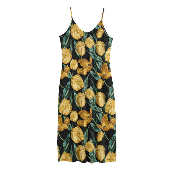 Yellow Tulip Floral Pattern Print Jersey Midi Cami Dress