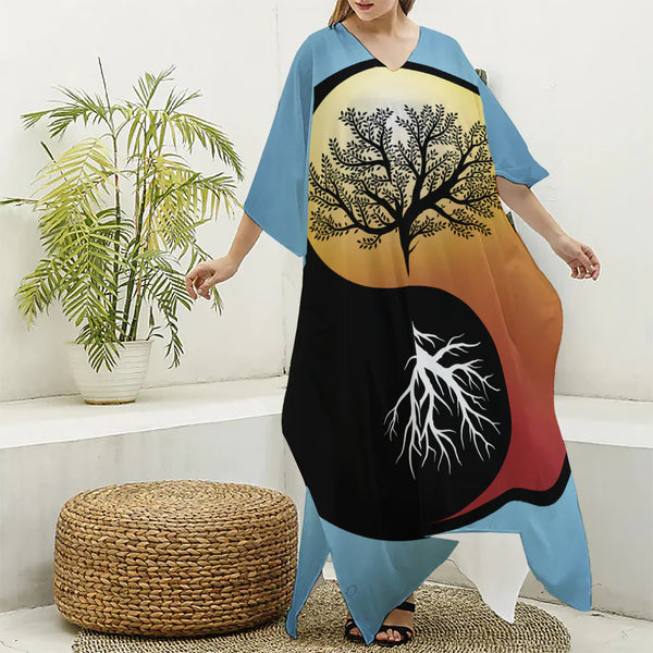 Yin Yang Tree Of Life Print Silk V-Neck Kaftan Dress
