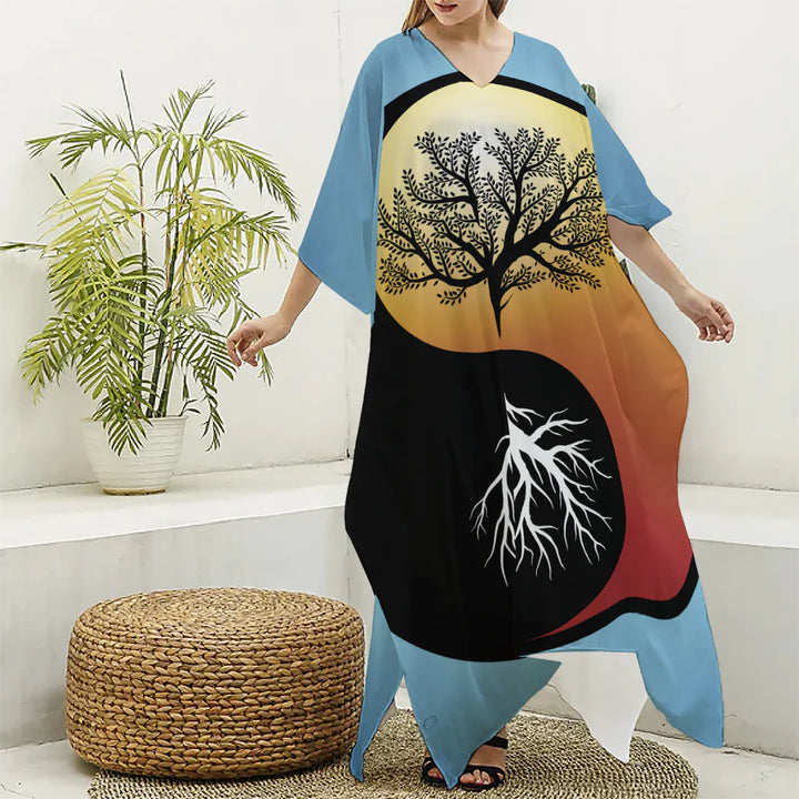 Yin Yang Tree Of Life Print Silk V-Neck Kaftan Dress