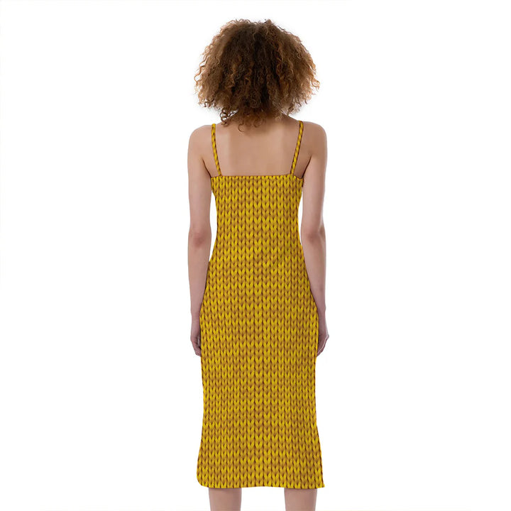 Yellow Knitted Pattern Print Slim Fit Midi Cami Dress