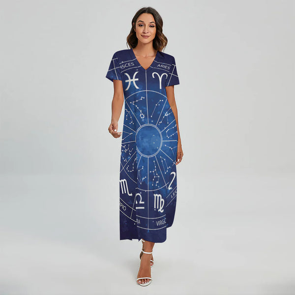 Zodiac Signs Wheel Print Short Sleeve Maxi Dress