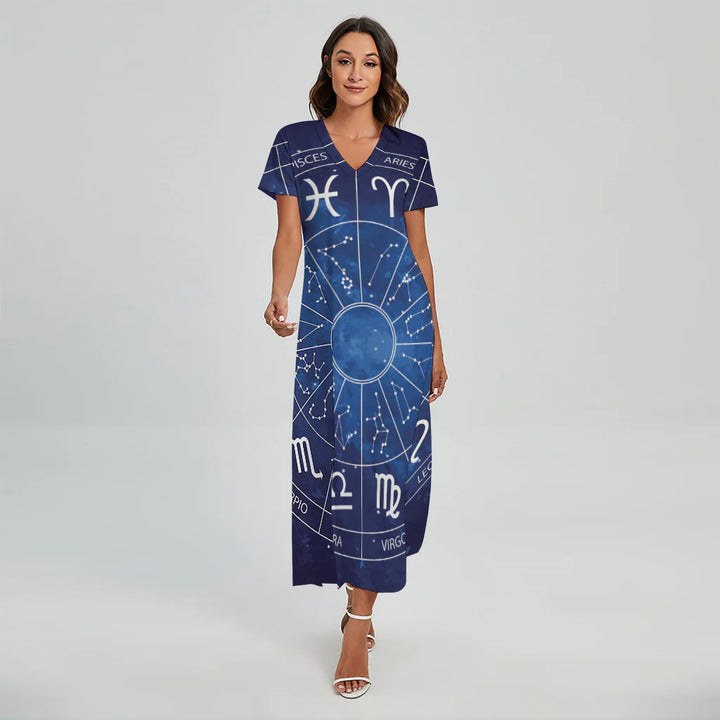 Zodiac Signs Wheel Print Short Sleeve Maxi Dress