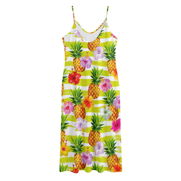 Yellow Striped Pineapple Pattern Print Jersey Midi Cami Dress