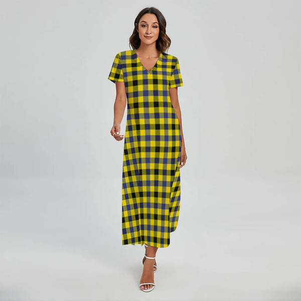 Yellow Black And Navy Plaid Print Short Sleeve Maxi Dress