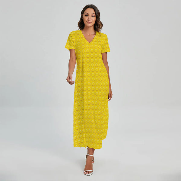 Yellow Plastic Building Blocks Print Short Sleeve Maxi Dress