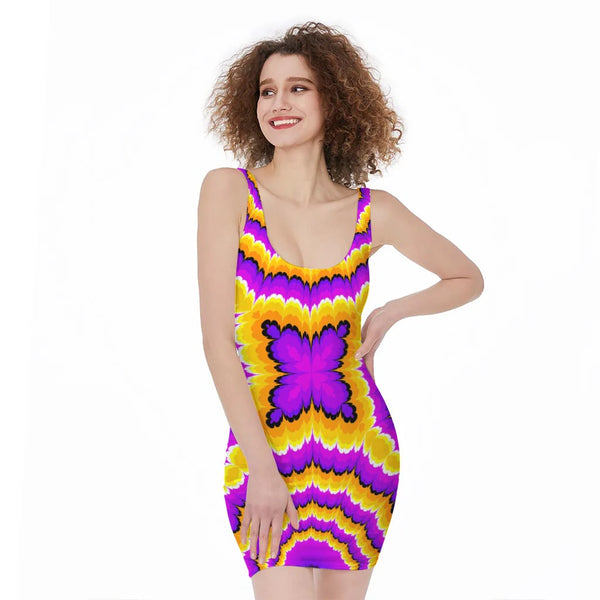 Yellow Explosion Moving Optical Illusion Sleeveless Bodycon Dress