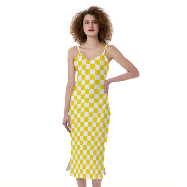 Yellow And White Checkered Pattern Print Slim Fit Midi Cami Dress