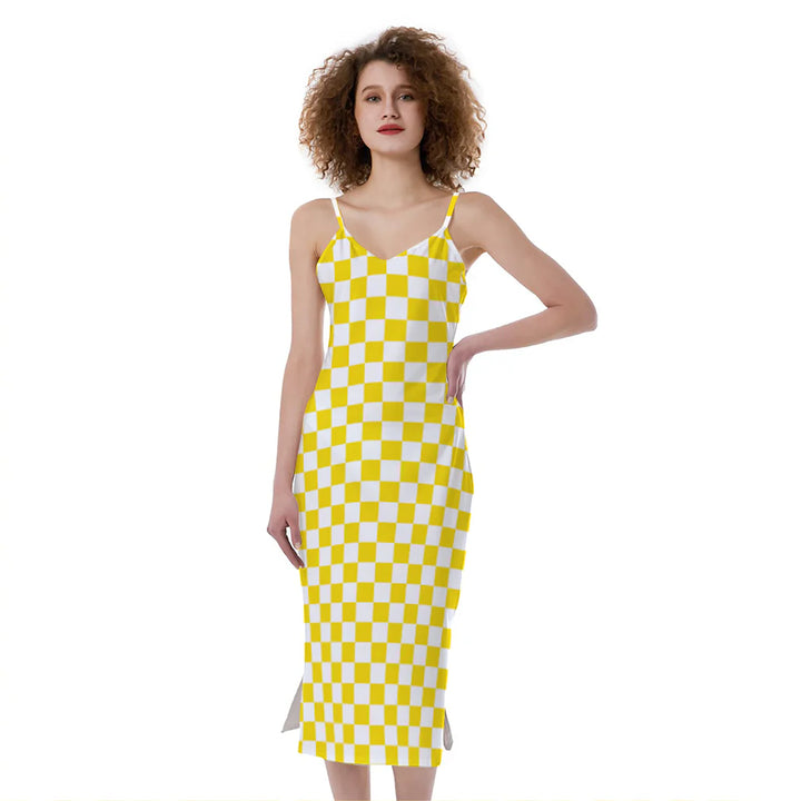 Yellow And White Checkered Pattern Print Slim Fit Midi Cami Dress