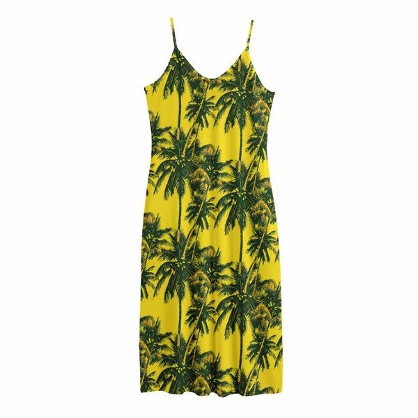 Yellow Palm Tree Pattern Print Jersey Midi Cami Dress