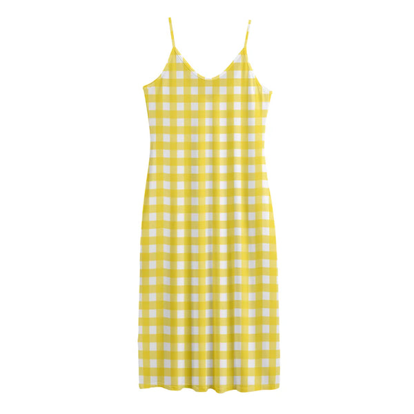 Yellow And White Check Pattern Print Jersey Midi Cami Dress