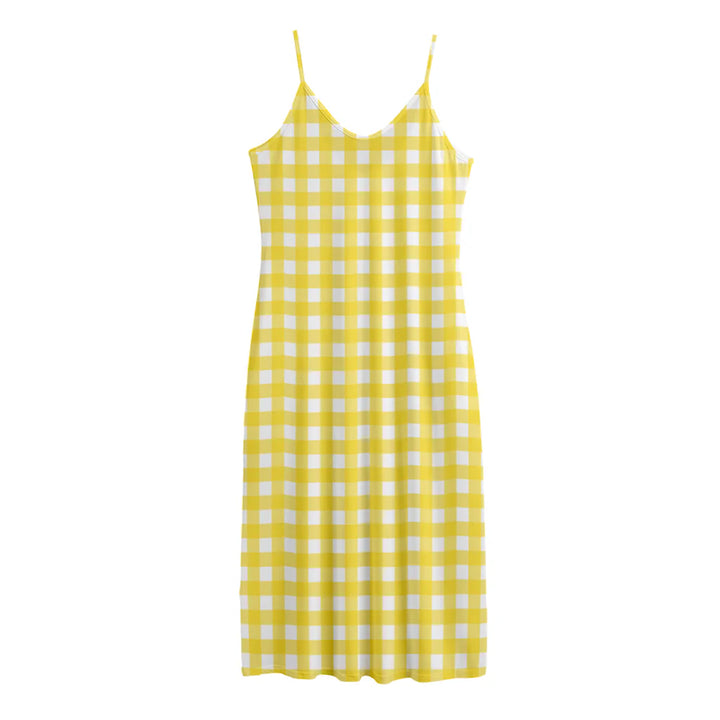 Yellow And White Check Pattern Print Jersey Midi Cami Dress