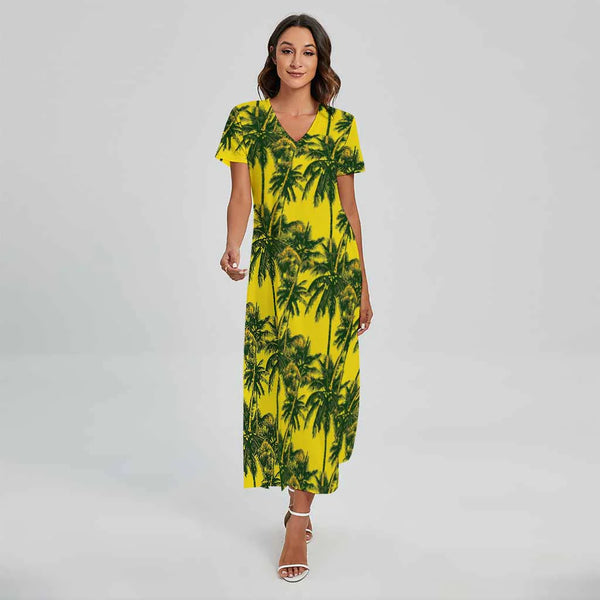 Yellow Palm Tree Pattern Print Short Sleeve Maxi Dress