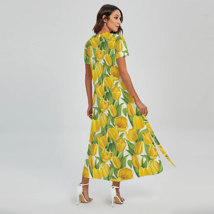 Yellow Spring Tulip Pattern Print Short Sleeve Maxi Dress