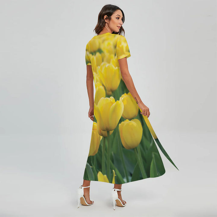Yellow Tulip Print Short Sleeve Maxi Dress