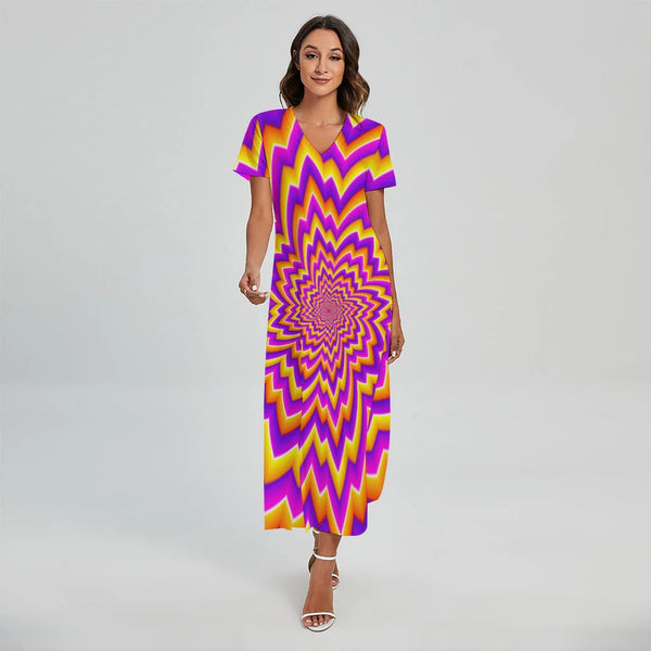 Yellow Expansion Moving Optical Illusion Short Sleeve Maxi Dress