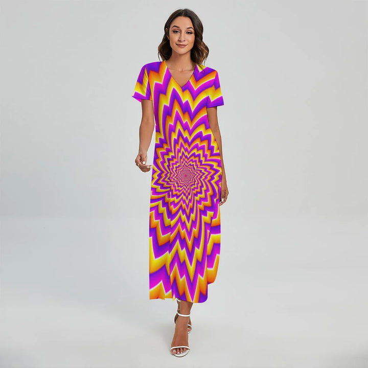 Yellow Expansion Moving Optical Illusion Short Sleeve Maxi Dress