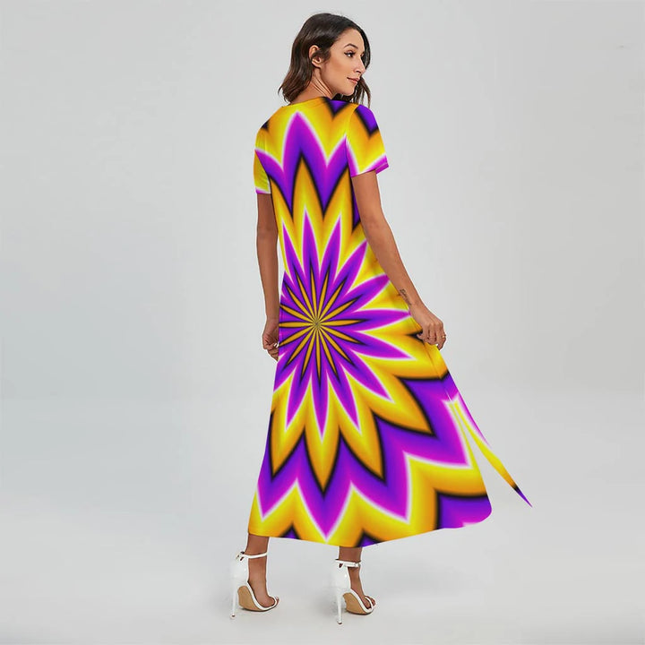 Yellow Flower Moving Optical Illusion Short Sleeve Maxi Dress