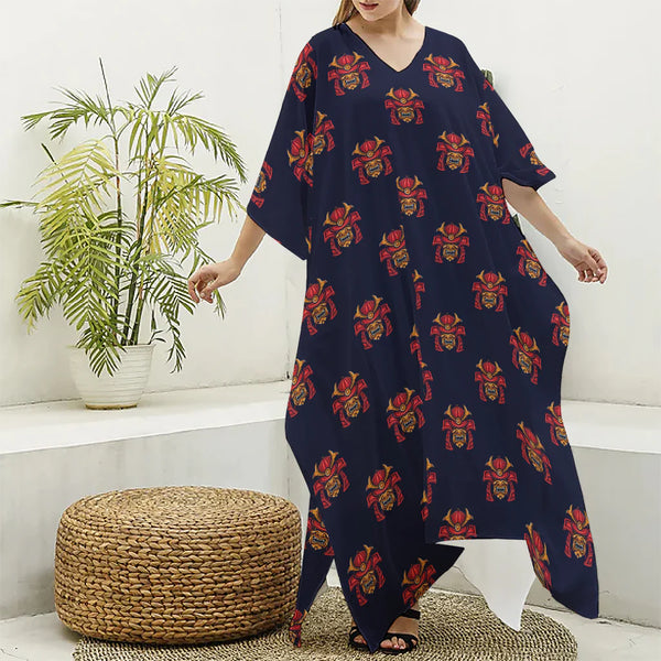Japanese Samurai Pattern Print Silk V-Neck Kaftan Dress