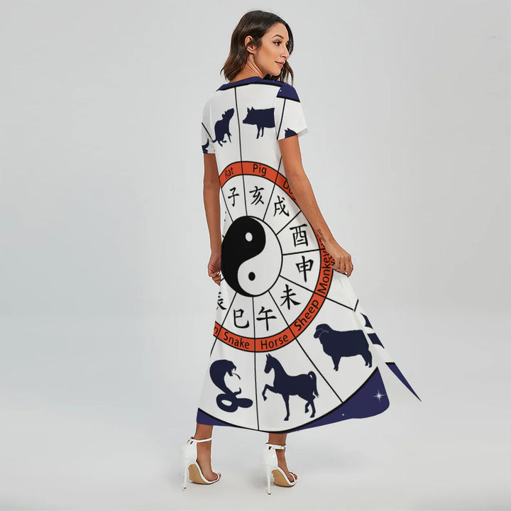 Yin Yang Chinese Zodiac Wheel Print Short Sleeve Maxi Dress