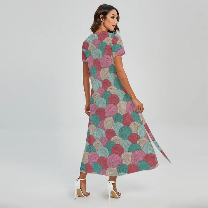 Yarn Balls Pattern Print Short Sleeve Maxi Dress