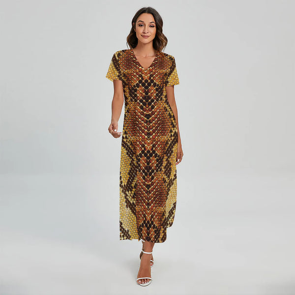 Yellow And Brown Snakeskin Print Short Sleeve Maxi Dress