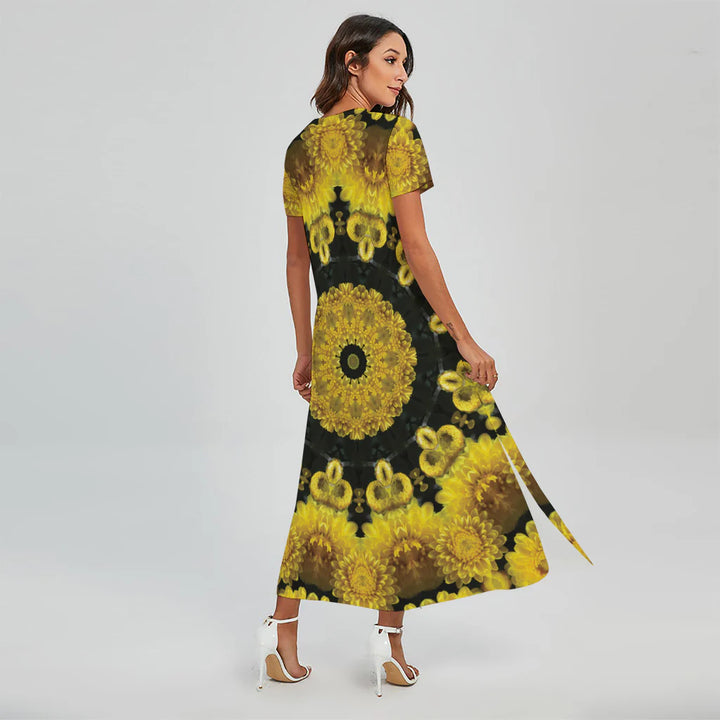 Yellow Flower Kaleidoscope Print Short Sleeve Maxi Dress
