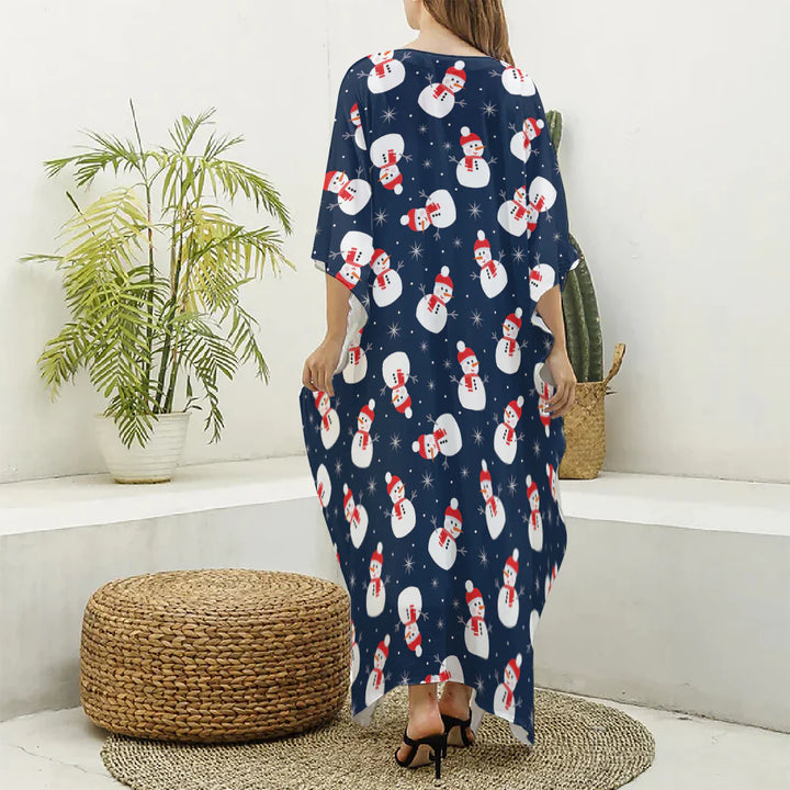 Xmas Snowman Pattern Print Silk V-Neck Kaftan Dress