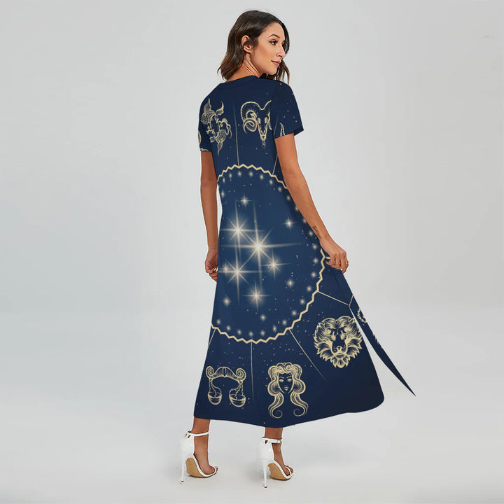 Zodiac Astrology Symbols Print Short Sleeve Maxi Dress