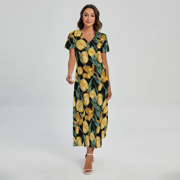 Yellow Tulip Floral Pattern Print Short Sleeve Maxi Dress