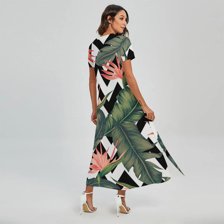 Zig Zag Tropical Pattern Print Short Sleeve Maxi Dress