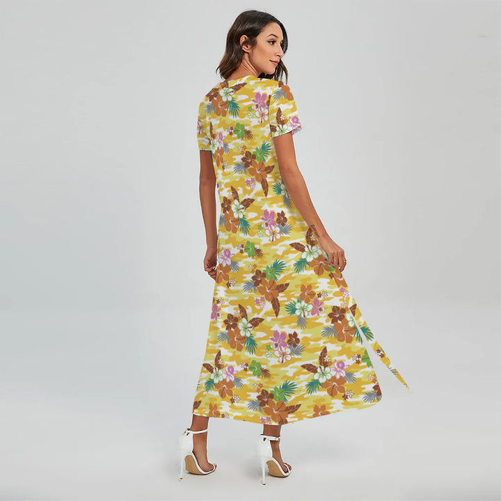 Yellow Camo And Hibiscus Flower Print Short Sleeve Maxi Dress