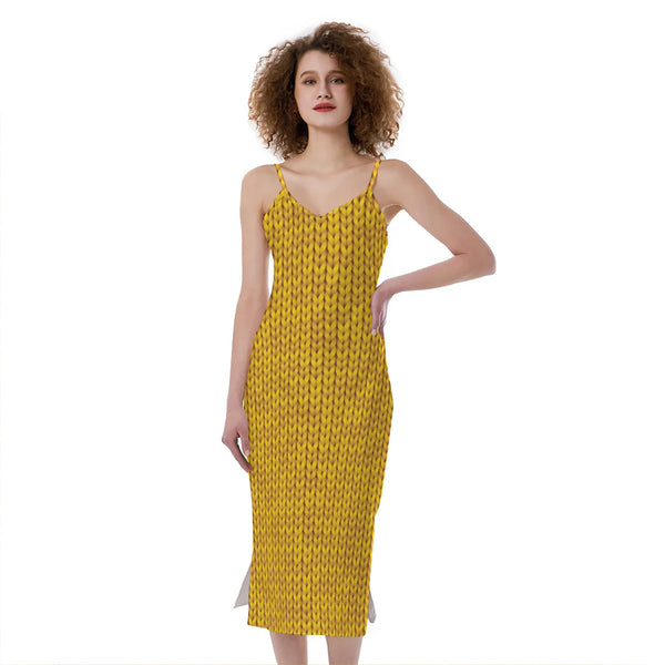 Yellow Knitted Pattern Print Slim Fit Midi Cami Dress