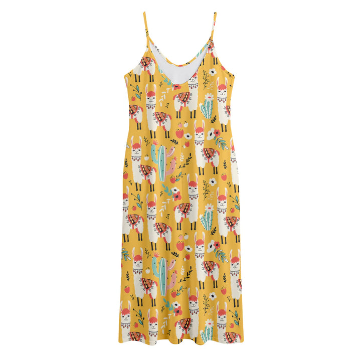 Yellow Llama Pattern Print Jersey Midi Cami Dress