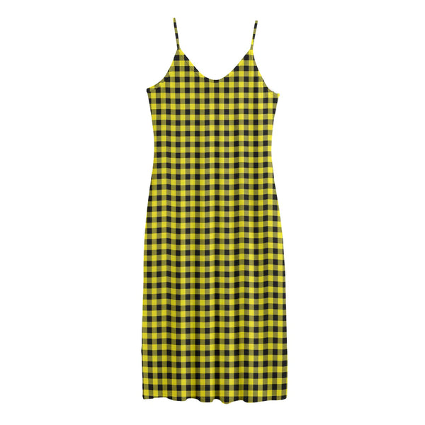 Yellow And Black Check Pattern Print Jersey Midi Cami Dress
