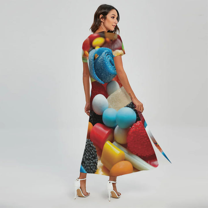 Yummy Gummy Print Short Sleeve Maxi Dress