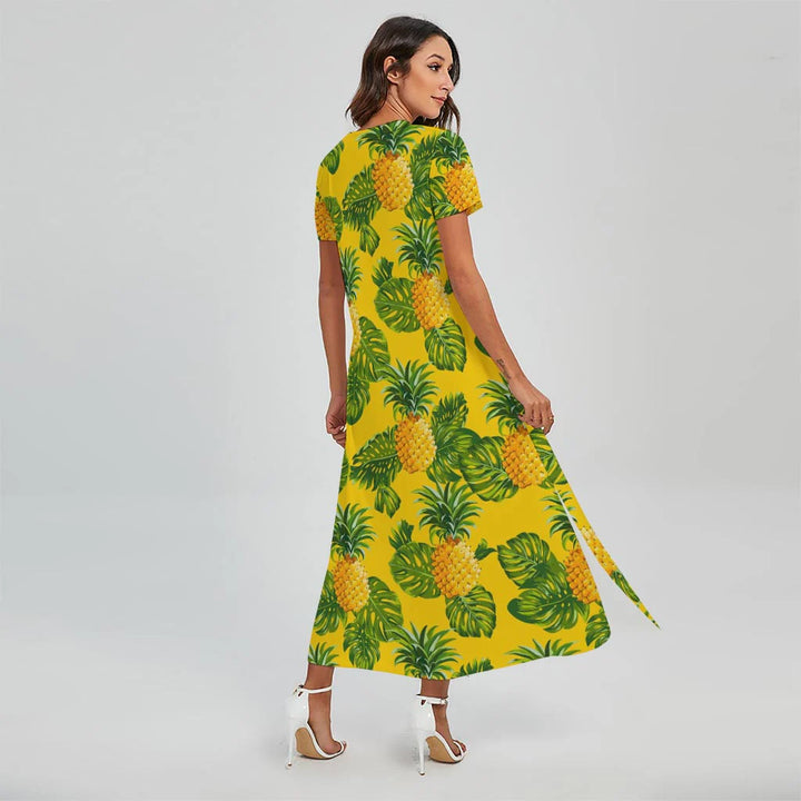 Yellow Tropical Pineapple Pattern Print Short Sleeve Maxi Dress
