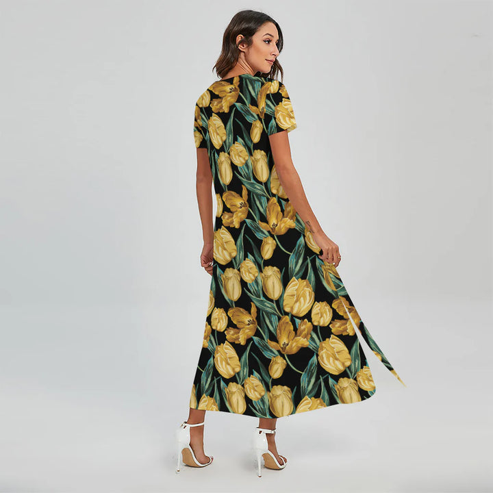 Yellow Tulip Floral Pattern Print Short Sleeve Maxi Dress