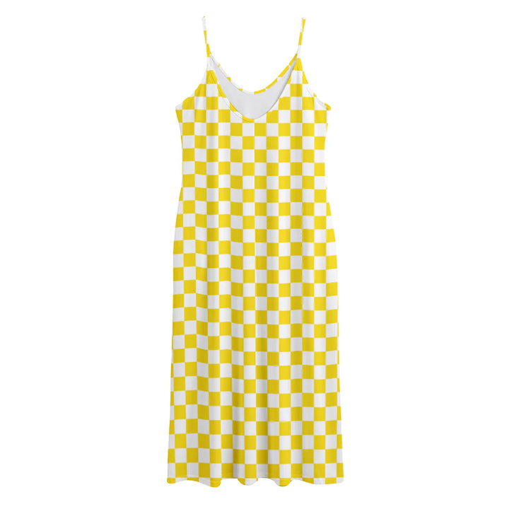 Yellow And White Checkered Pattern Print Jersey Midi Cami Dress